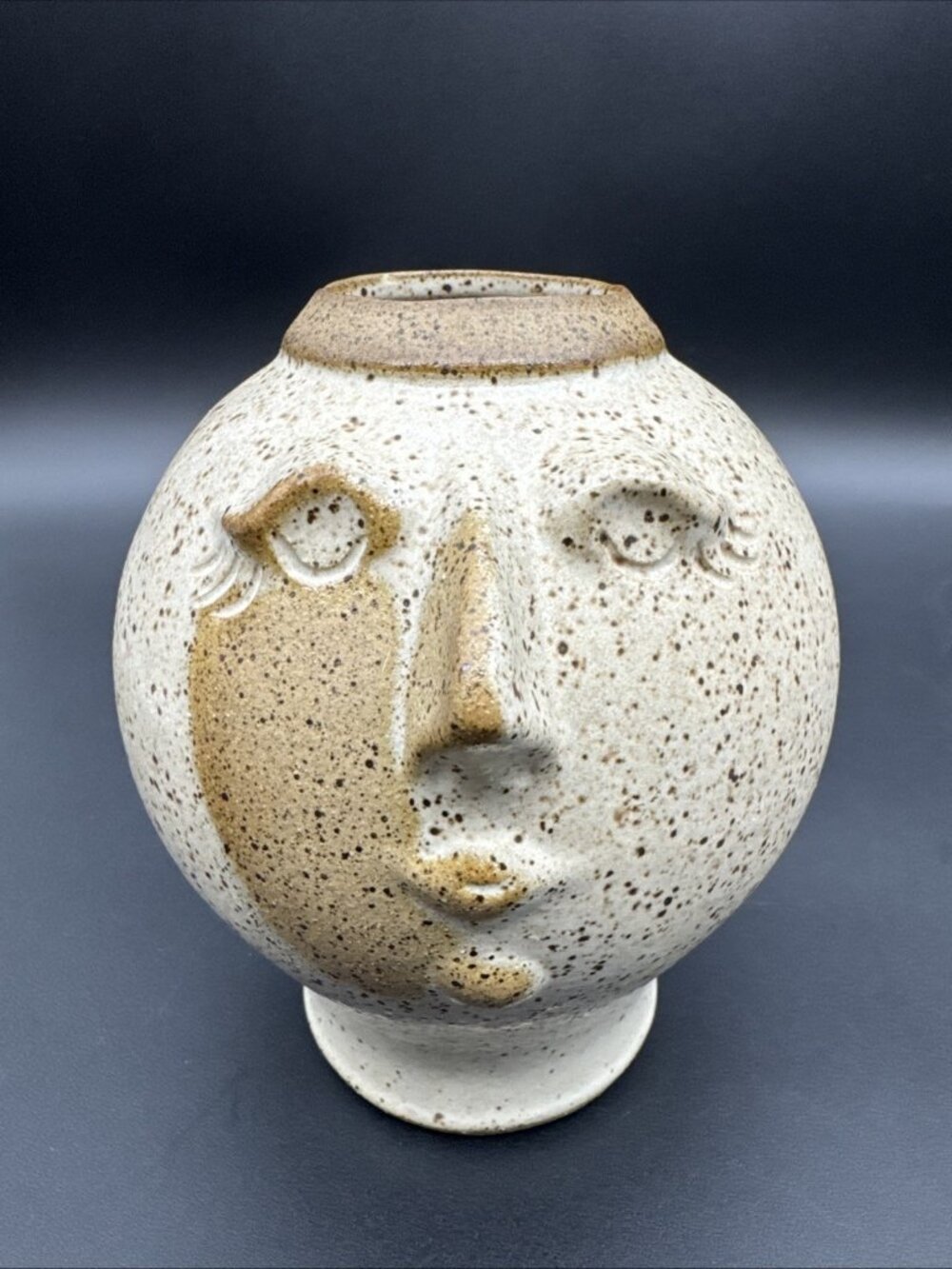 Studio Pottery Speckled Moon Face Style Vase Planter Unsigned Female Eyelash